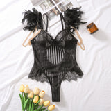 Glem E - Body Dentelle Transparente Noir avec Détails Plumes & Chaînes Dorées